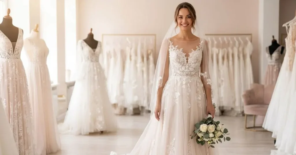 Elegant bridal dress showcasing intricate embroidery and flowing fabric, symbolizing timeless beauty and wedding elegance.