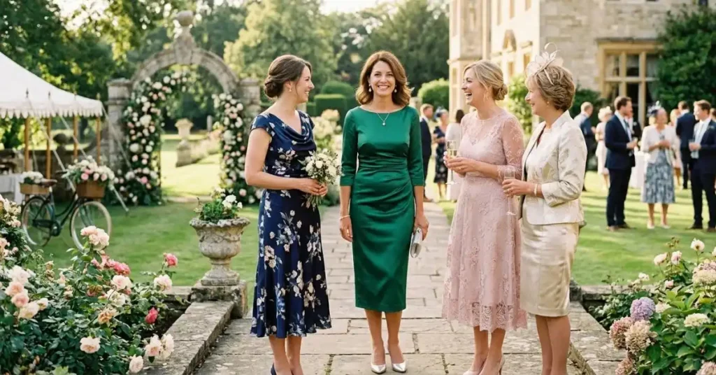 Elegant group of people dressed in formal British-style wedding attire standing outdoors in a historic garden setting, showcasing traditional and modern wedding fashion with refined accessories and sophisticated styling.