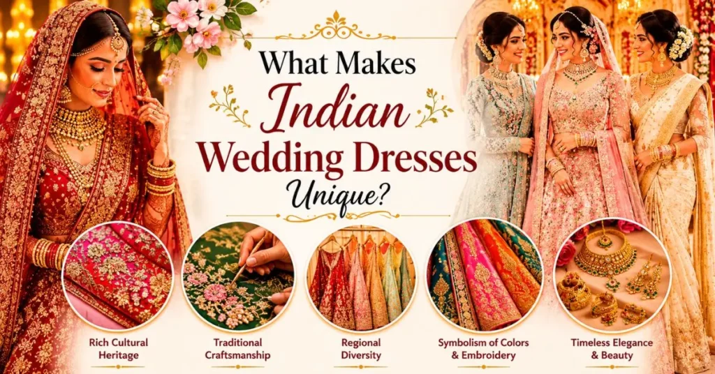 Traditional Indian wedding dresses showcasing intricate embroidery, cultural heritage, regional styles, and elegant bridal craftsmanship.
