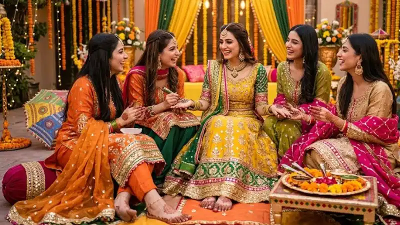Elegant Mehndi fashion featuring vibrant traditional outfits with intricate embroidery, mirror work, colorful fabrics, and festive styling that captures the cultural beauty and joyful spirit of Mehndi celebrations.