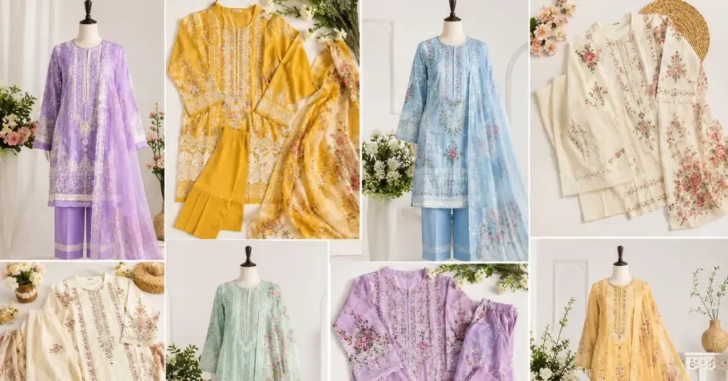 Elegant Pakistani lawn summer outfits with colorful prints and breathable fabric.