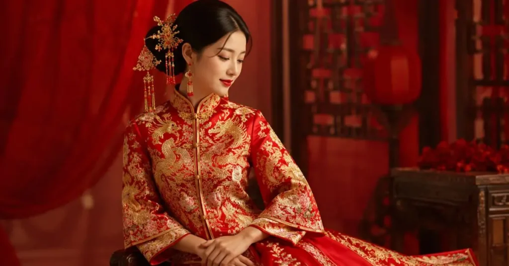 Elegant woman in traditional silk Chinese wedding attire showcasing cultural bridal beauty and intricate design.