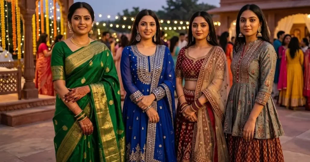 Elegant South Asian fashion attire featuring intricate embroidery, rich cultural patterns, luxurious fabrics, vibrant colors, and a blend of traditional craftsmanship with modern styling.
