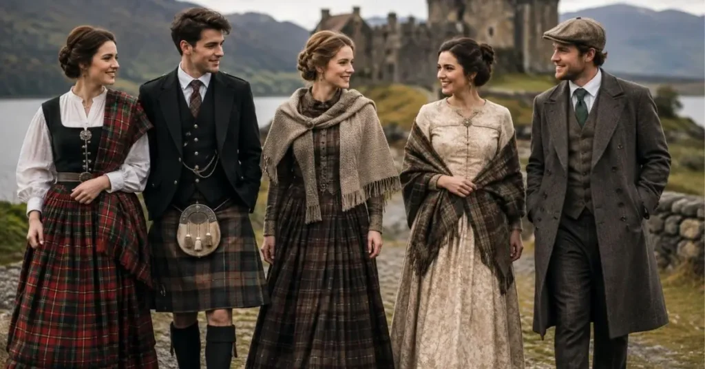 Traditional United Kingdom dresses featuring tartan patterns, wool fabrics, and classic layered silhouettes in a historical setting