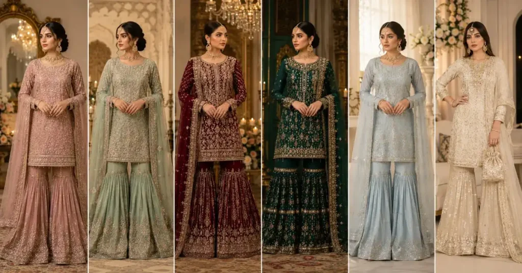 Bride comparing a sharara and a gharara to find the best outfit for different body types and wedding styles.