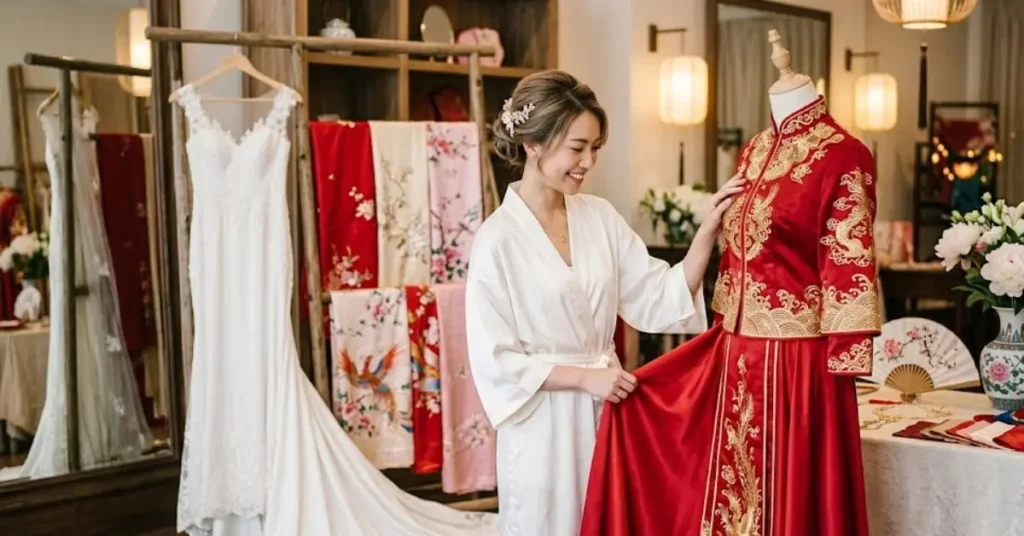 Brides choosing silk wedding dresses for elegant and traditional wedding celebrations.