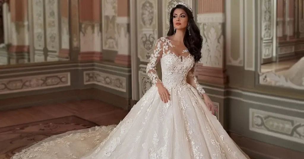 Bride wearing a stunning princess wedding dress with a flowing ball gown skirt, elegant lace details, and a royal-inspired silhouette, showcasing timeless bridal beauty and fairytale charm.