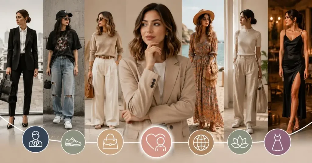 Fashion concept image showing the importance of different fashion styles, featuring a stylish woman surrounded by icons and visuals representing lifestyle, confidence, and personal expression through clothing.