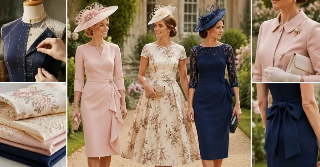 “Elegant British wedding fashion featuring timeless formal dresses in a refined garden setting, highlighting classic tailoring, exceptional craftsmanship, versatile styling, and enduring sophistication that keeps these designs stylish across generations.”