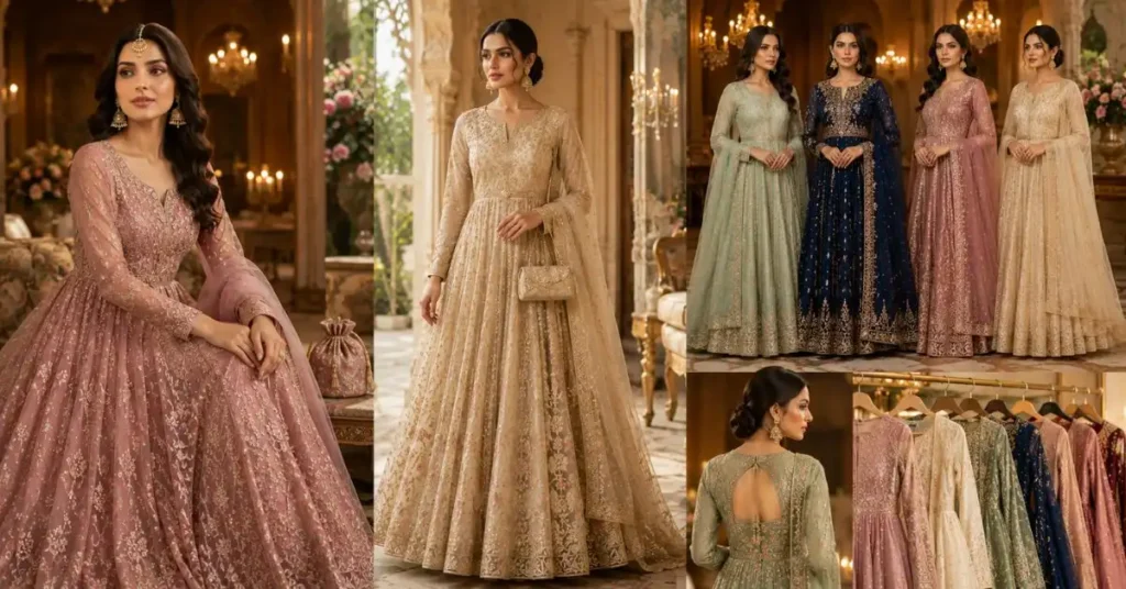 Elegant women wearing beautifully embroidered Anarkali Dresses in luxurious designs, showcasing timeless South Asian fashion for weddings, festive celebrations, parties, and special occasions.