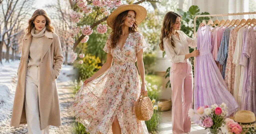 Woman transitioning from winter layers to lightweight spring fashion, showcasing breathable seasonal clothing in a blooming spring setting.