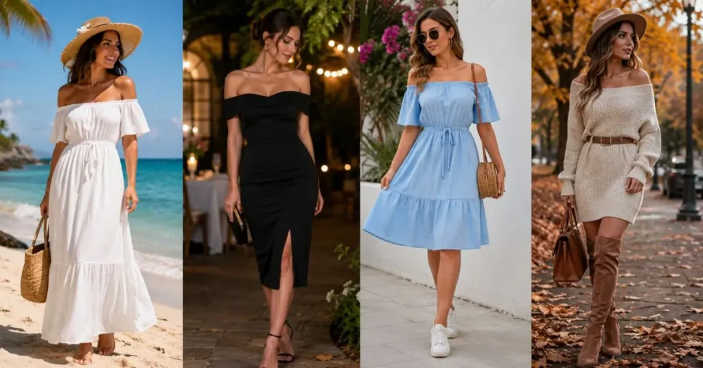 Elegant woman wearing a stylish off shoulder dress, showcasing feminine appeal, versatility, comfort, and timeless fashion suitable for various occasions and seasons.
