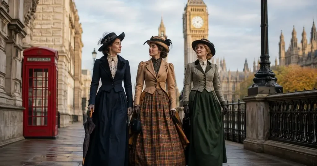 Modern British heritage-inspired fashion featuring tailored coats, long skirts, textured fabrics, and classic accessories set against a historic city backdrop.