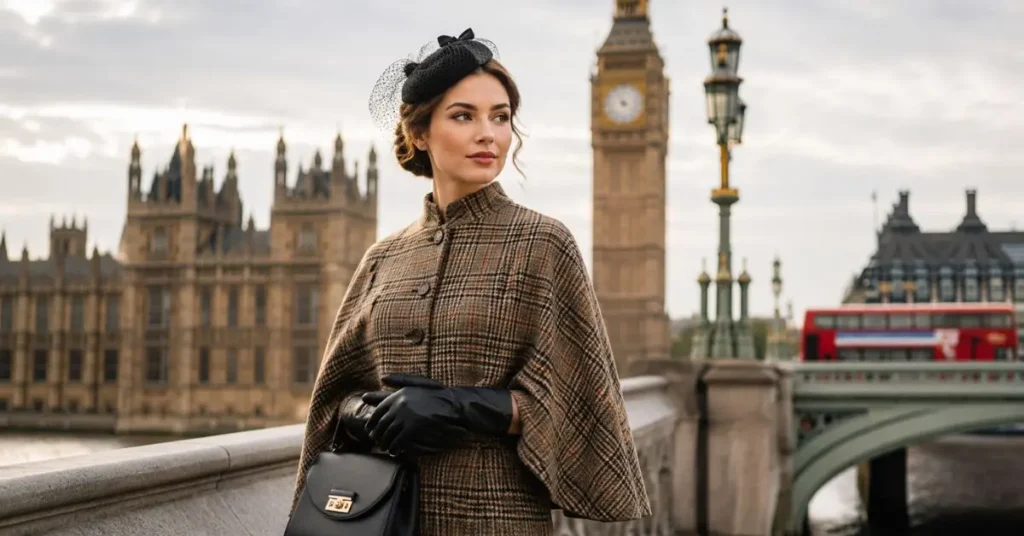 Woman wearing traditional British-inspired attire with a plaid cape and fascinator, standing near London landmarks, showcasing the timeless elegance of traditional United Kingdom fashion.