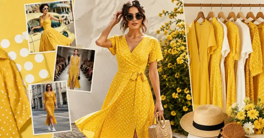 Fashion model wearing a trendy summer yellow polka dot dress, highlighting the rising popularity of bright colors and timeless polka dot patterns in 2026.