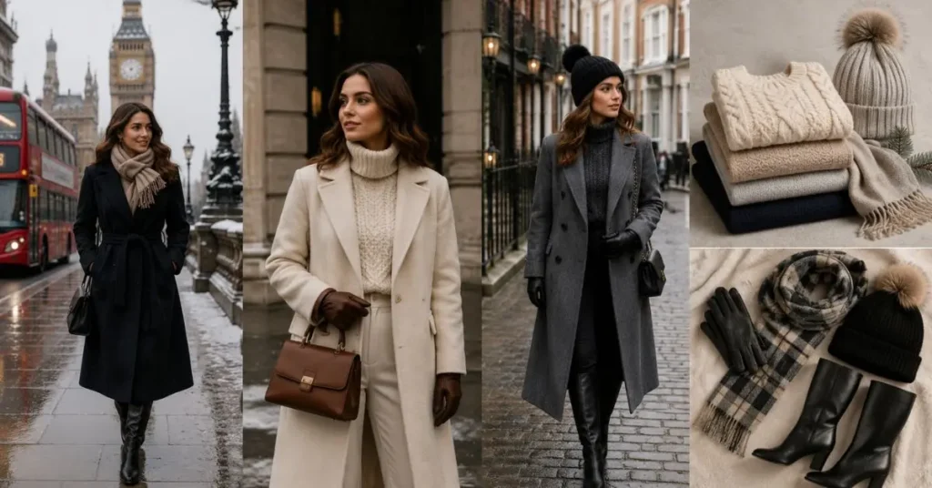 Elegant winter fashion in the United Kingdom featuring warm coats, knit sweaters, scarves, boots, and layered outfits designed for cold weather while maintaining a stylish and sophisticated look.