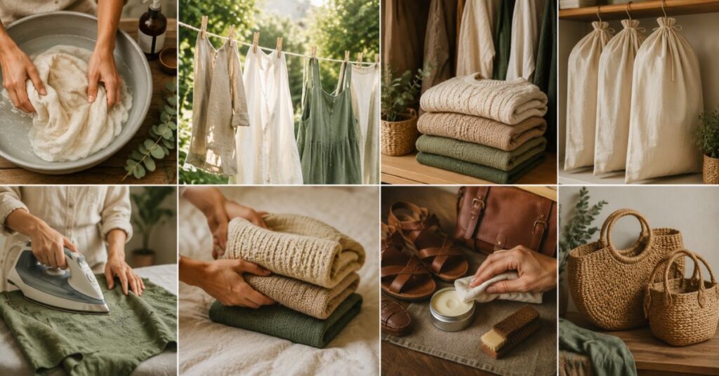 Nature-inspired fashion care routine showing washing linen and cotton, air drying clothes, folding knitwear, storing garments in cotton bags, conditioning leather accessories, and caring for woven handbags.