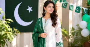Stylish woman wearing a white and green embroidered 14 August dress with a matching dupatta, standing in front of Pakistan Independence Day decorations featuring the national flag, green-and-white bunting, and festive balloons.