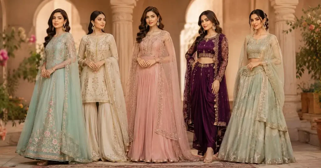 2026 desi fashion trends featuring modern desi dresses for women with pastel colors, sustainable fabrics, and Indo-Western styles