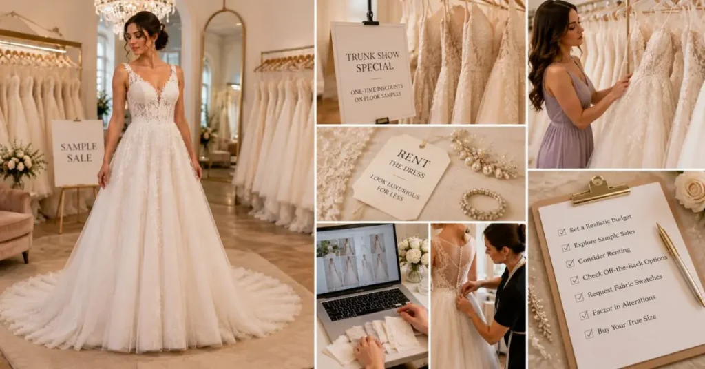 Bride shopping for an affordable A-line wedding dress in a bridal boutique, comparing elegant gowns that fit different wedding budgets.