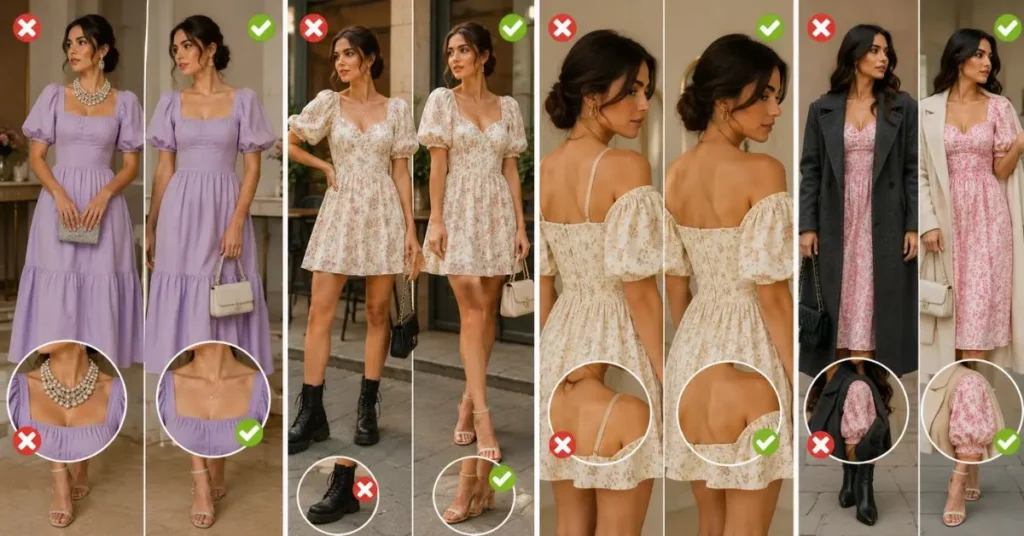 Fashion styling comparison showing common puff sleeve dress mistakes and correct styling choices, including accessories, footwear, undergarments, and outerwear for a polished, balanced look.