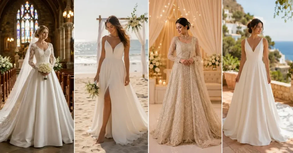Bride styling an A-line wedding dress for beach, garden, church, and ballroom weddings with elegant bridal accessories.