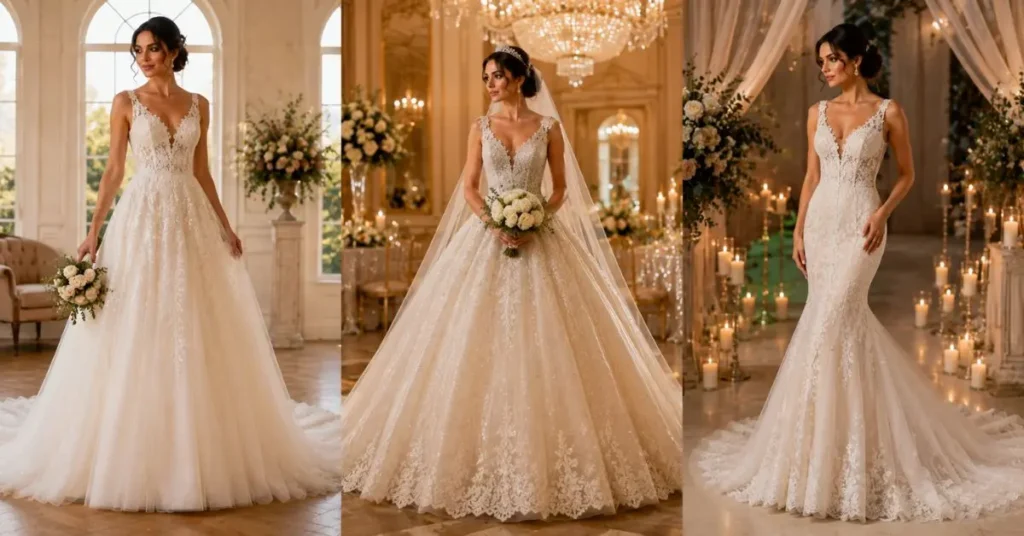 Comparison of A-line, ballgown, and mermaid wedding dresses on brides, highlighting different bridal silhouettes for various wedding styles