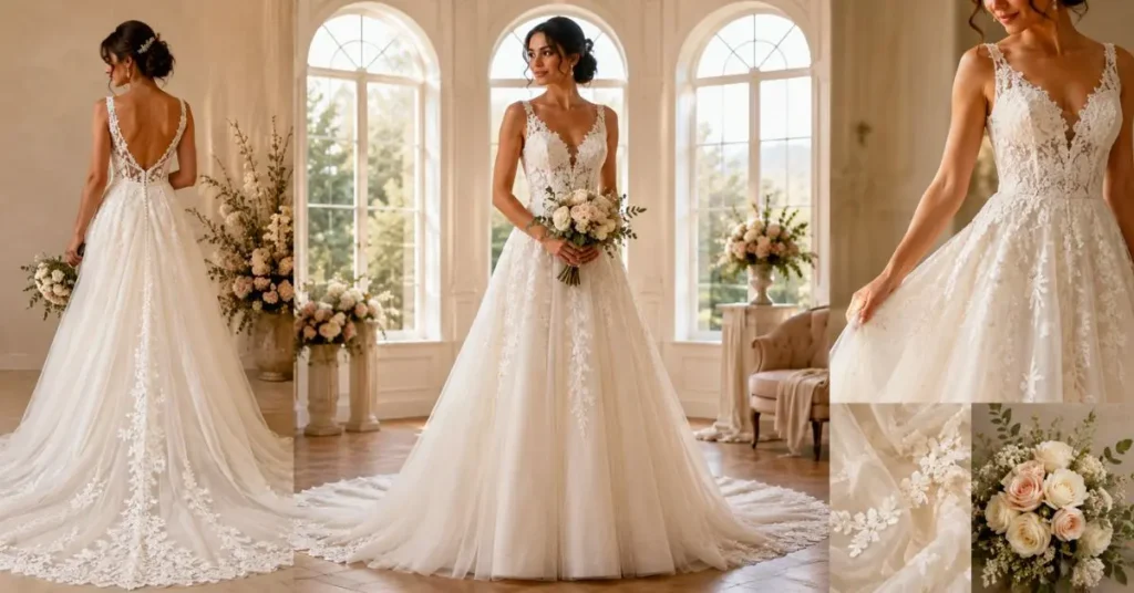 Elegant bride wearing an A-line wedding dress with a fitted bodice and flowing skirt, showcasing the timeless bridal silhouette in a romantic wedding setting.