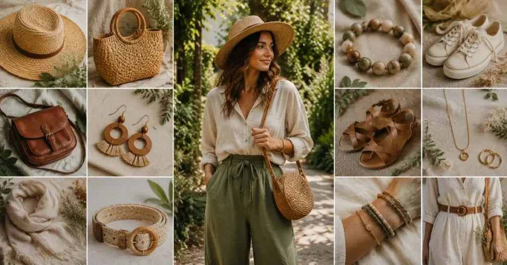 Nature-inspired outfit accessories featuring a straw hat, woven handbag, leather crossbody bag, wooden earrings, natural stone bracelets, canvas sneakers, leather sandals, minimalist gold jewelry, lightweight scarf, and handmade belt in earthy tones.