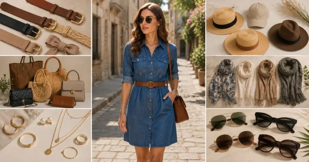 Accessories that complete the look with a jean dress, including belts, handbags, jewelry, hats, scarves, and sunglasses for stylish denim outfits