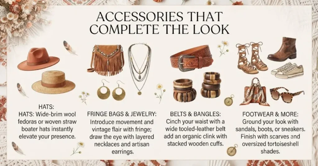 Accessories that complete the look with boho dresses for women including hats, layered jewelry, and woven bags