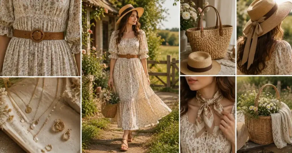 "Woman wearing a prairie-style dress styled with a woven belt, layered jewelry, straw hat, structured tote bag, silk scarf, and basket bag in a countryside cottagecore setting."