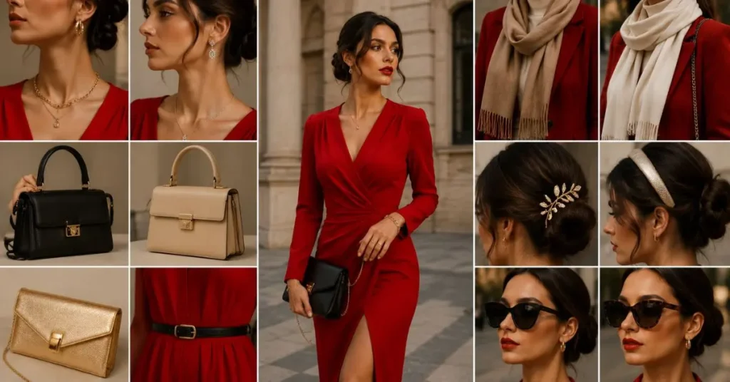 Elegant red outfit styled with gold jewelry, silver accessories, a chic handbag, sunglasses, and a matching belt, creating a polished and fashionable look.