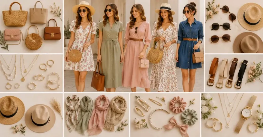 Accessories that complete the look with handbags, jewelry, belts, sunglasses, hats, scarves, and hair accessories for cute dresses