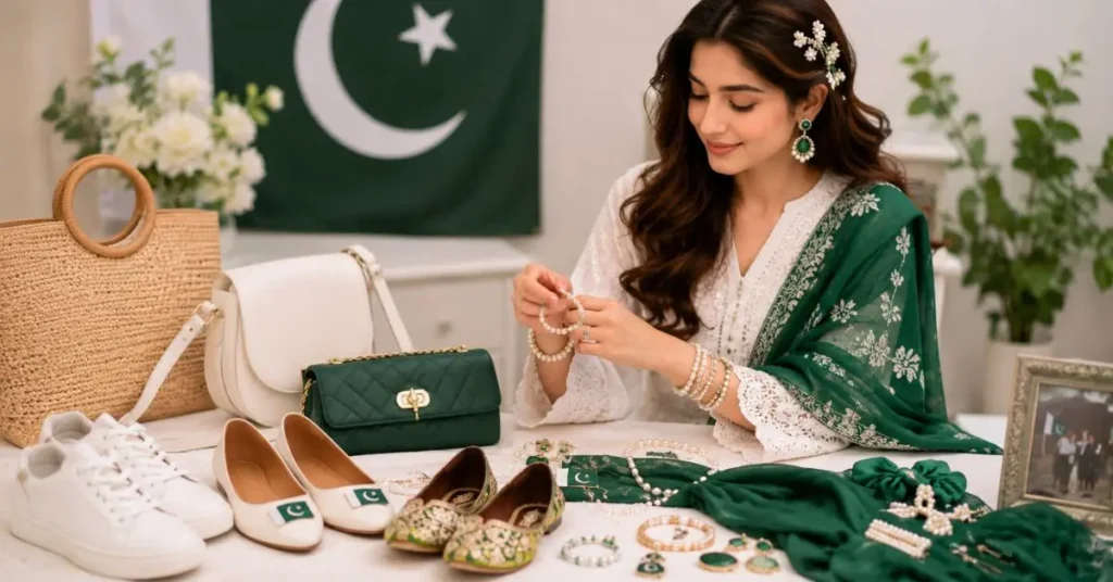 14 August Dresses accessorized with elegant pearl jewelry, green clutch, white handbag, traditional khussa, and embroidered dupatta for Pakistan Independence Day
