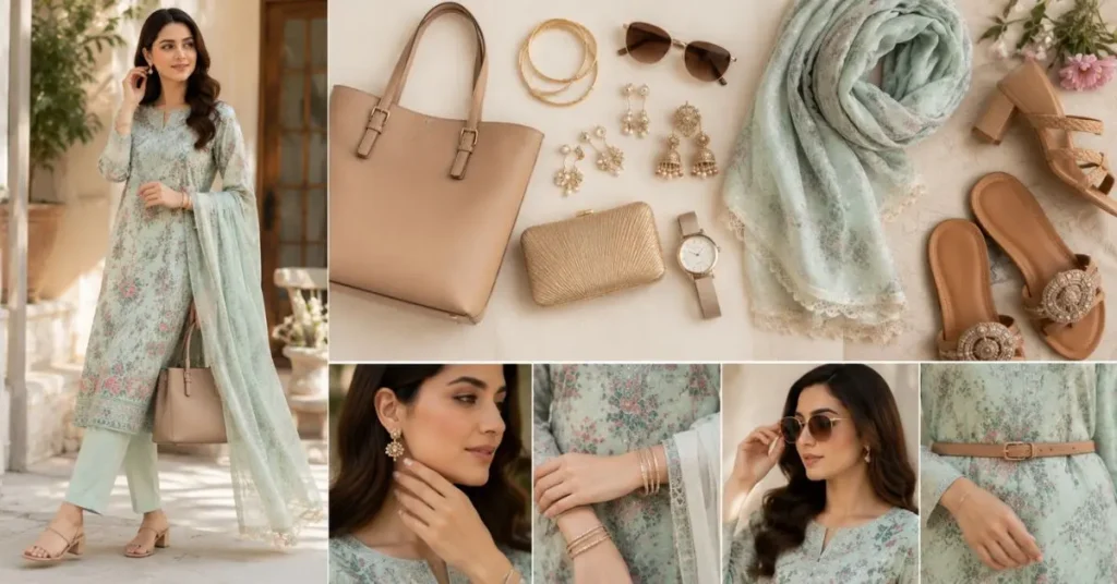 Elegant lawn outfit styled with matching accessories including a tote bag, clutch, sandals, heels, earrings, bracelets, sunglasses, scarf, watch, and belt, creating a polished summer fashion look.