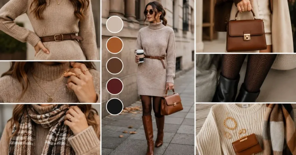 Woman wearing a stylish sweater dress accessorized with a waist belt, statement jewelry, scarf, structured handbag, and knee-high boots, creating an elegant and polished winter outfit