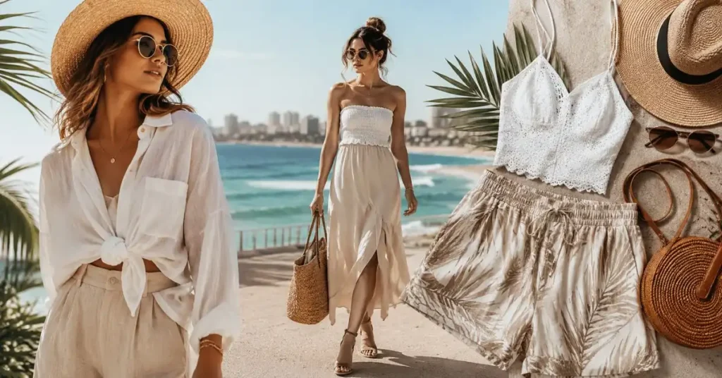 Australian Summer Fashion: Ultimate 2026 Style Guide Stylish women wearing breathable linen and cotton summer outfits with beach-inspired accessories, straw hats, sandals, and woven bags along a sunny Australian coastline, showcasing effortless 2026 warm-weather fashion trends.