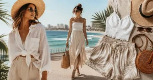 Australian Summer Fashion: Ultimate 2026 Style Guide Stylish women wearing breathable linen and cotton summer outfits with beach-inspired accessories, straw hats, sandals, and woven bags along a sunny Australian coastline, showcasing effortless 2026 warm-weather fashion trends.