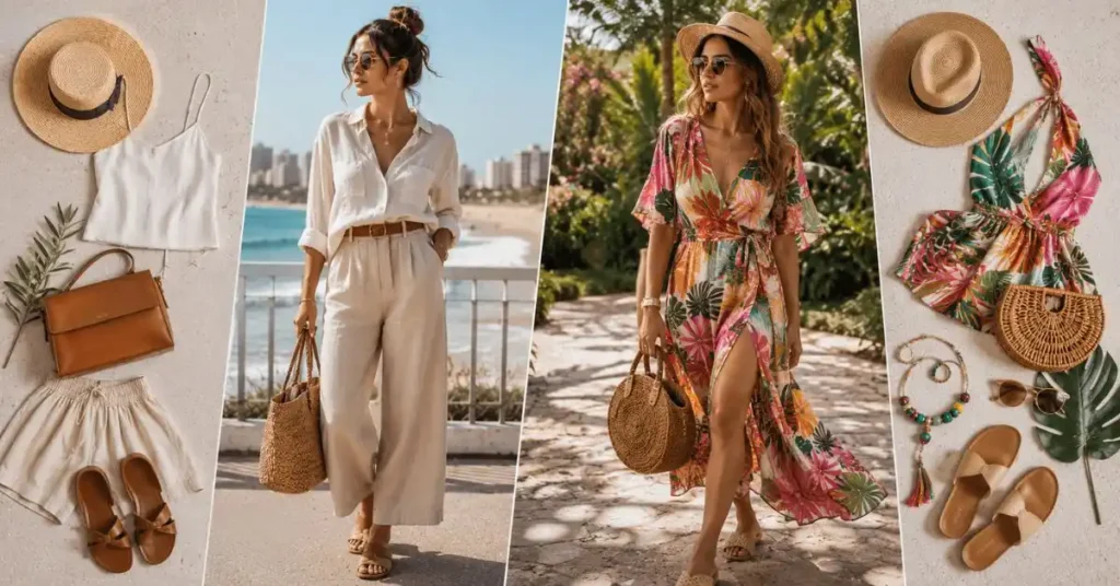 Side-by-side comparison of Australian coastal summer outfits in neutral linen with tropical summer styles featuring colorful floral prints, lightweight fabrics, woven accessories, and warm-weather footwear in beach and tropical settings.