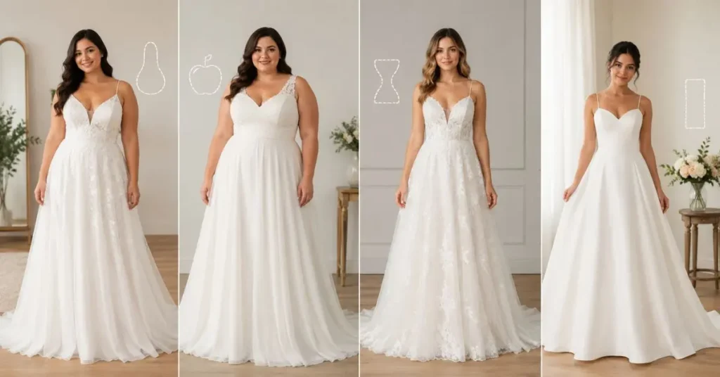 Bride in a flattering A-line wedding dress that complements different body types with a fitted bodice and flowing skirt