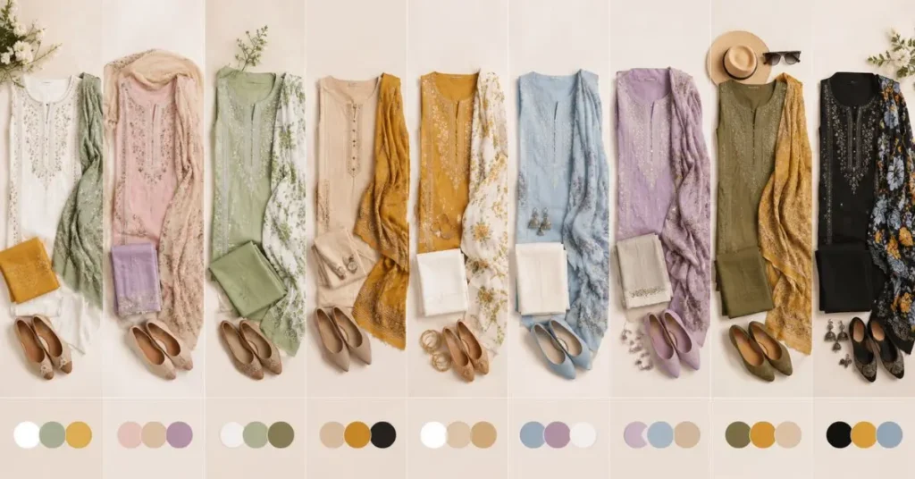"Flat lay of elegant lawn dress outfits in coordinated color combinations, featuring white, sage green, pastel pink, beige, mustard, sky blue, lavender, olive, and black fabrics with matching accessories for casual, office, festive, and travel styling."