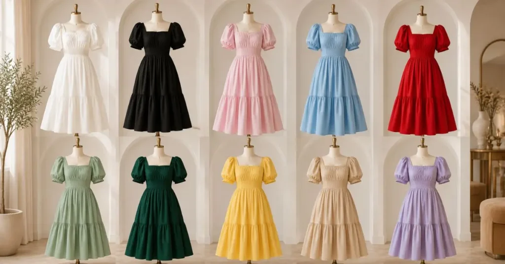 Elegant puff sleeve dresses displayed in trending 2026 colors, including white, black, pink, blue, red, green, yellow, beige, and pastel shades in a modern fashion showroom.
