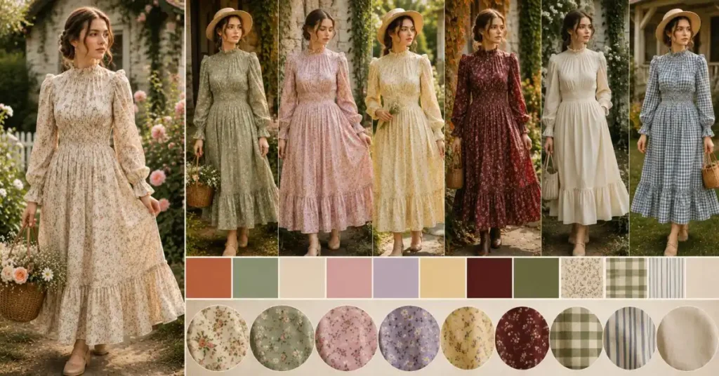 Collage of prairie-style dresses in earthy tones, pastel shades, deep seasonal colors, and solid designs featuring floral prints, gingham checks, and subtle striped patterns in a charming countryside setting.
