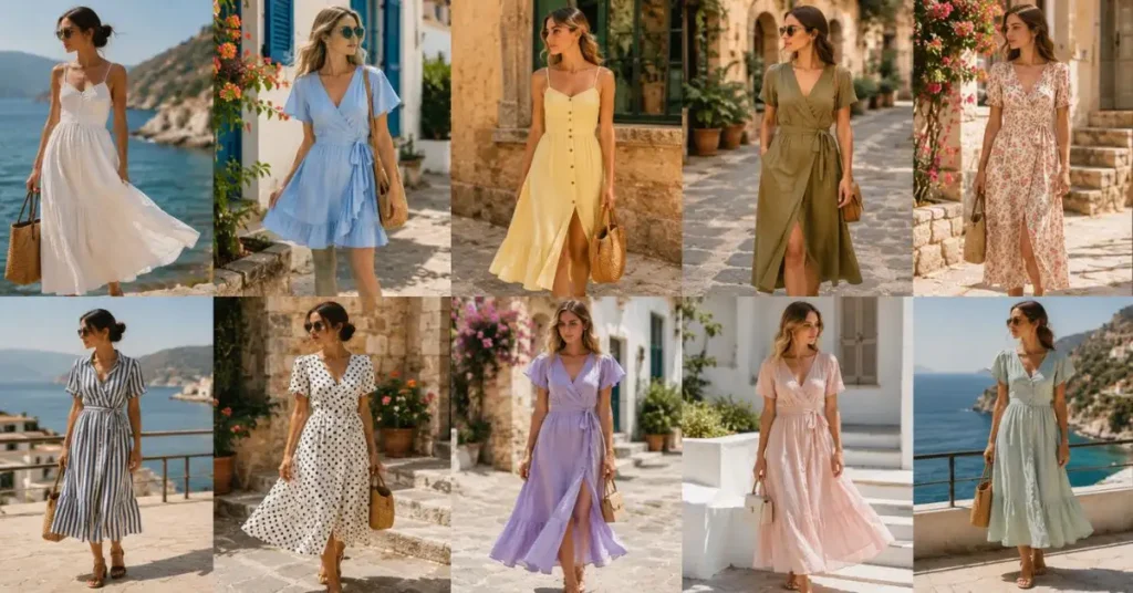 European summer dresses in fresh seasonal colors and prints, including white, cream, blue, yellow, olive, beige, floral, stripes, polka dots, and soft pastels, styled with woven accessories in a bright Mediterranean setting.