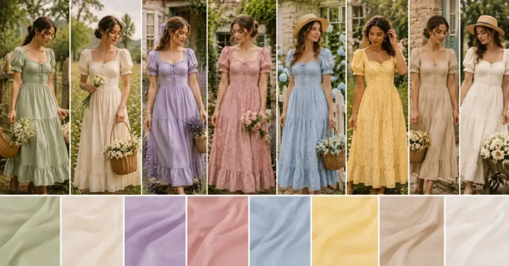 Collage showcasing cottagecore dresses in trending 2026 colors including sage green, cream, lavender, dusty rose, sky blue, butter yellow, beige, and soft white, photographed in charming countryside gardens with a romantic vintage-inspired aesthetic.