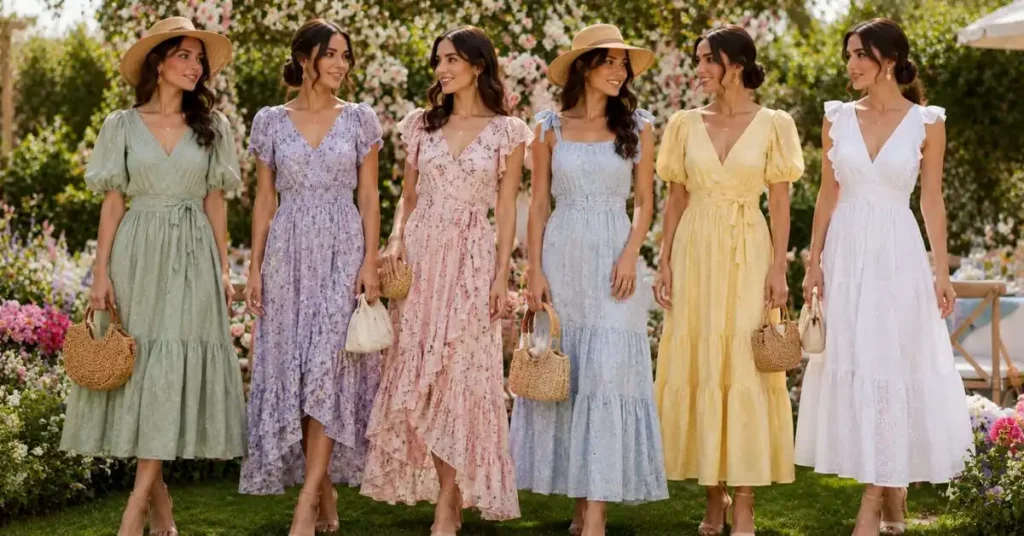 Best Colors for Garden Party Fashion Stylish women wearing sage green, lavender, soft pink, sky blue, butter yellow, and classic white garden party dresses in a blooming outdoor garden, showcasing elegant pastel colors perfect for spring and summer celebrations.