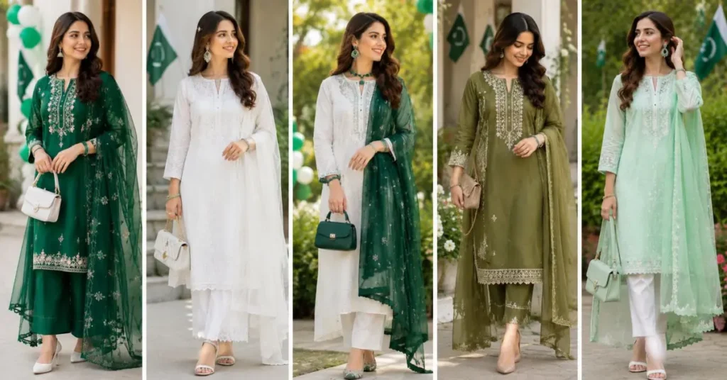 Best Colors for Independence Day Fashion featuring Pakistani women wearing elegant green, white, emerald, olive, and mint traditional outfits with embroidered details and patriotic accessories in an outdoor celebration setting.