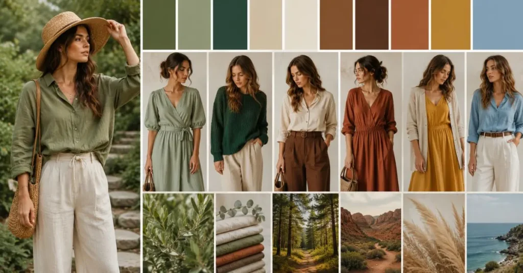 Best Colors for Nature-Inspired Outfits – Editorial fashion collage featuring women wearing outfits in olive green, sage green, forest green, beige, cream, chocolate brown, terracotta, rust, mustard yellow, and soft sky blue, complemented by natural landscapes and earthy textures for a timeless, nature-inspired style.