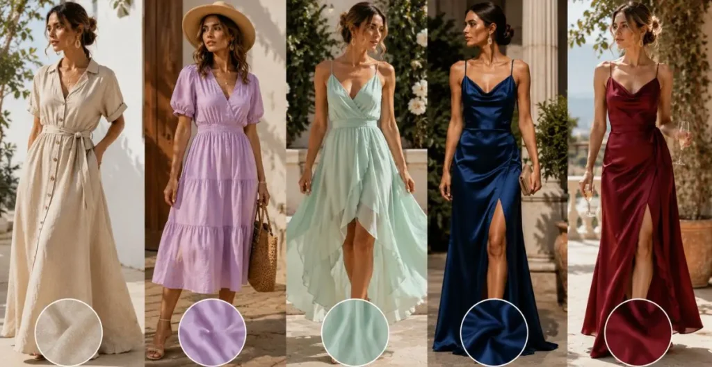 Elegant Australian fashion dresses in linen, cotton, chiffon, silk, and satin fabrics, showcasing breathable, lightweight, and luxurious styles in a sophisticated outdoor fashion setting.